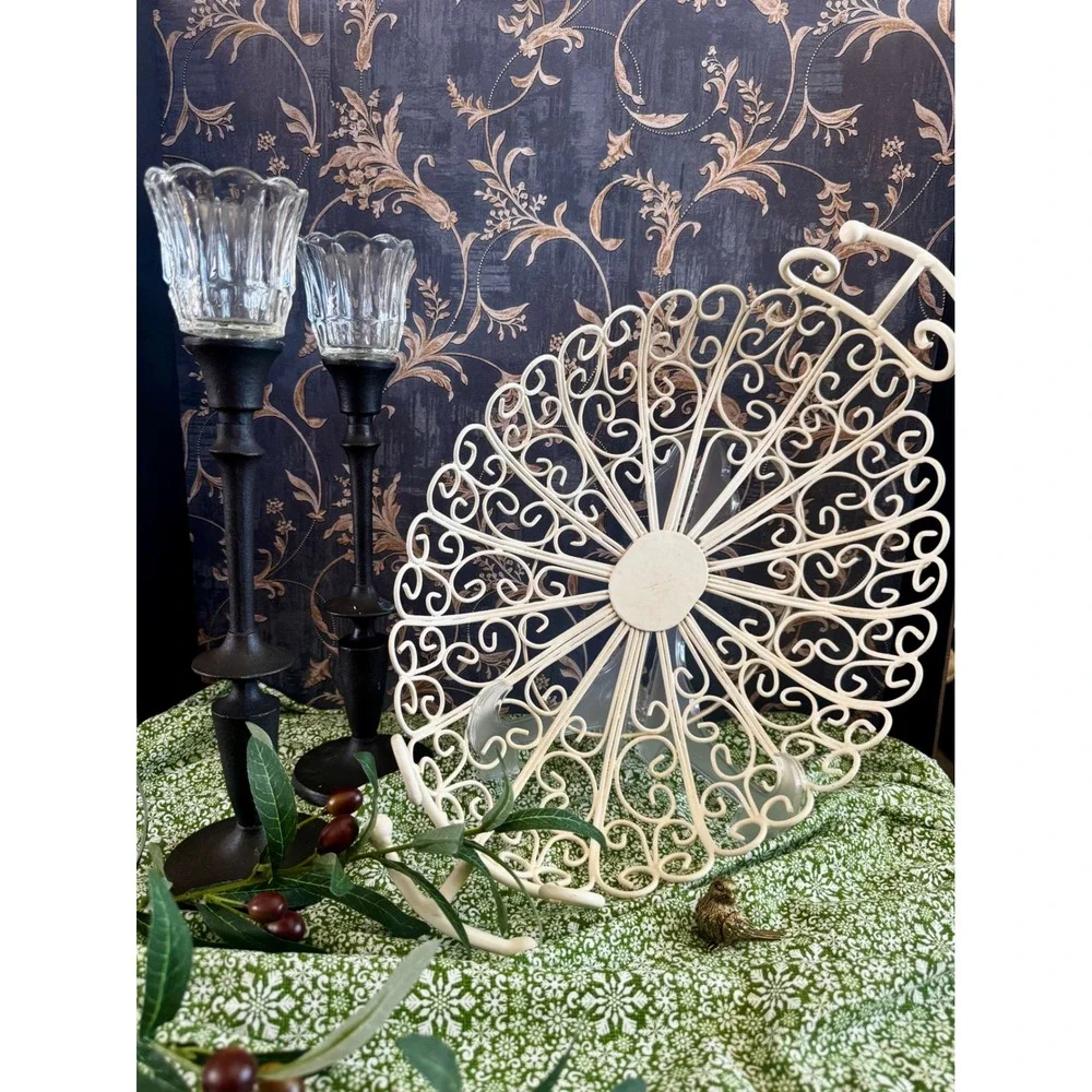 Vintage Cream Metal Scroll Wire Filigree Decorative Centerpiece Basket 18in